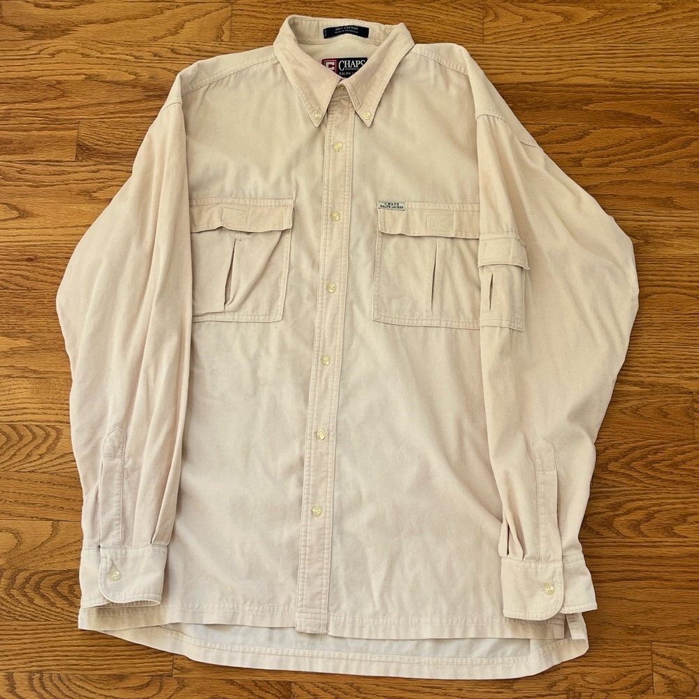 Men's Chaps Ralph Lauren Long Sleeve Shirt Size L Velcro Pockets Color Cream
